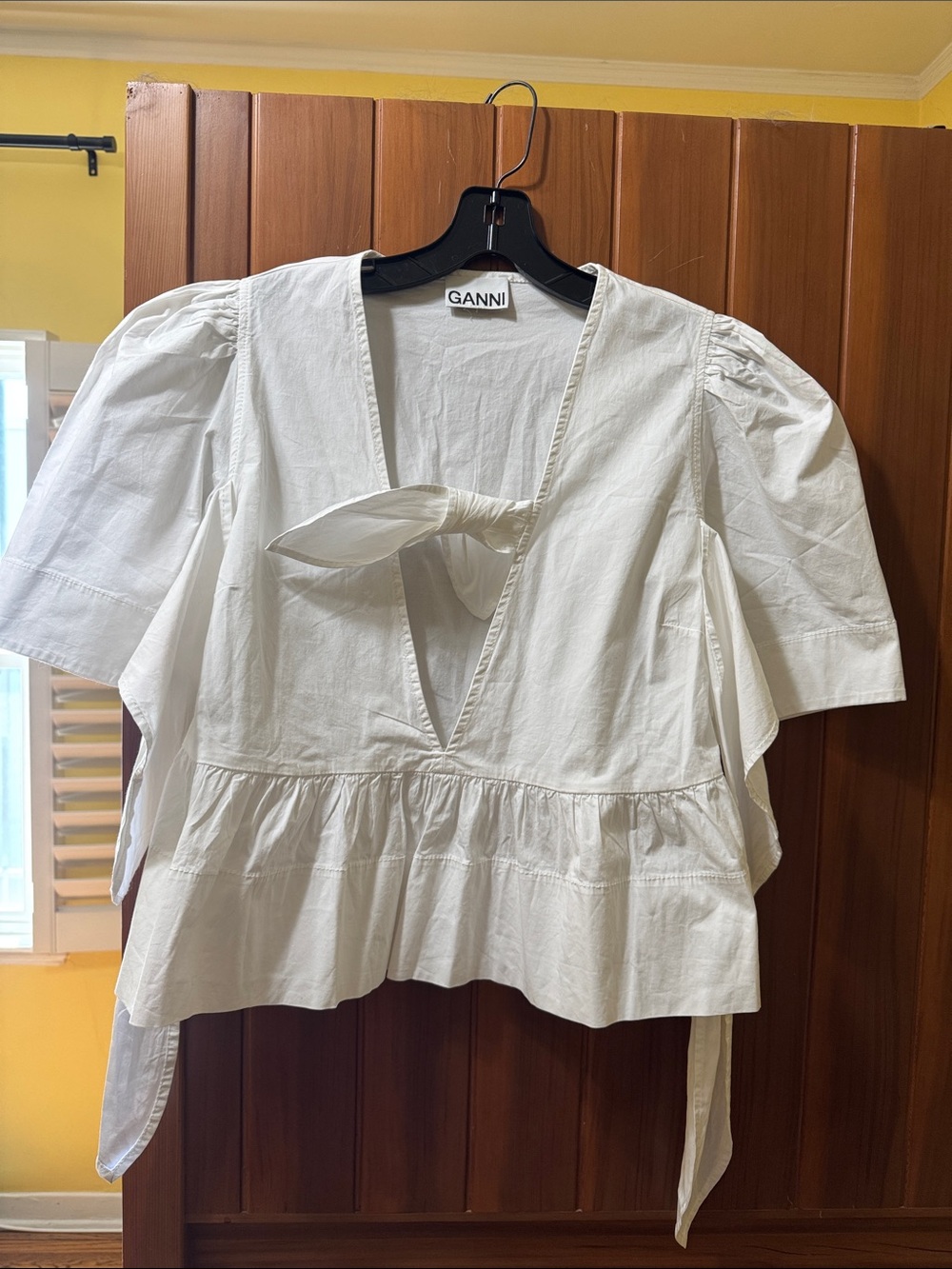 Ganni White Cotton V-Neck Tie-Front Peplum Blouse